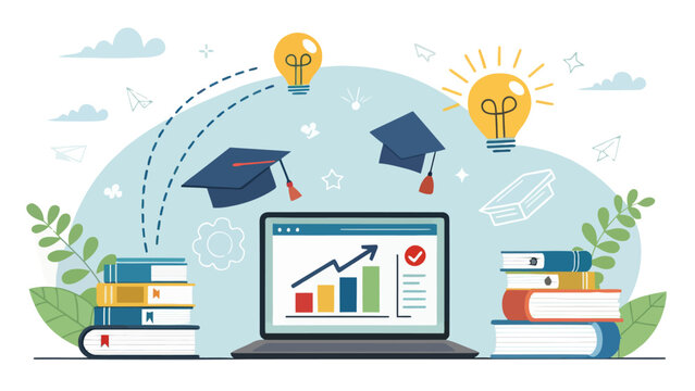 E learning and knowledge growth concept with laptop books graduation caps and light bulbs on a blue background with green leaves and clouds symbolizing education and innovation