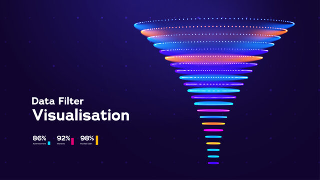 Data Funnel Visualization Marketing Background With Colorful Neon Layers On Dark Space. Data Funnels Dashboard Concept. Vector Illustration.