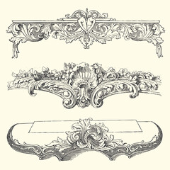 Elegant vintage ornamental borders and flourishes, engraved style, decorative elements for design and invitations, antique illustration