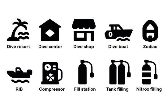 set of hand drawn dive icons including dive resort center shop boat zodiac rib compressor fill station tank filling and nitrox filling