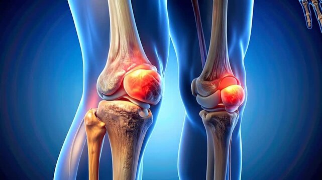 3D rendering of human knee joints showing pain and inflammation on a blue background.