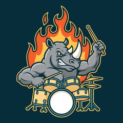 Fototapeta premium A cartoon rhinoceros enthusiastically plays drums surrounded by flames from a top view