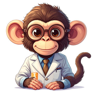 Firefly monkey scientist clipart funny animal pun element cartoon illustration pastel cheerful researcher in lab coat with glasses and test tube