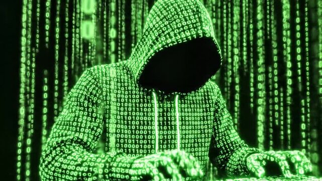 Anonymously working hacker in a hoodie typing on a keyboard with a digital matrix background creating a sense of mystery and cybercrime