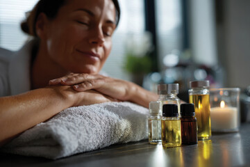 Fototapeta premium A serene setup of essential oils and candles invites relaxation, showcasing a peaceful ambiance ideal for a soothing spa or wellness experience for rejuvenation.