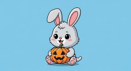 Obraz premium Cute white bunny with jack-o-lantern.