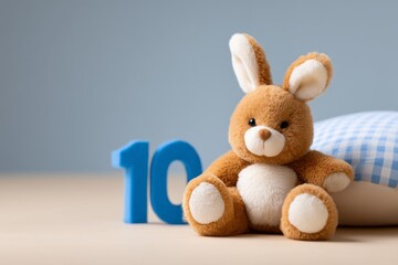 Fototapeta premium Adorable Plush Bunny with Blue Number Ten for Baby Milestone Celebration Setup