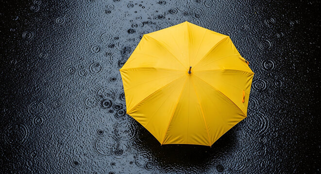 Top View of a Bright Yellow Umbrella in the Rain with Ripples on Wet Asphalt Background