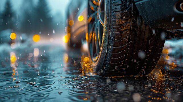 A wet road beneath the wheels of a car in rainy weather serves as a reminder of the dangers of aquaplaning &mdash; a fitting backdrop for articles on driving safety.