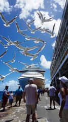 Fototapeta premium People on the pier watch the departing liner, surrounded by a flock of seagulls, creating a vivid backdrop for tourist brochures or cruise advertisements.