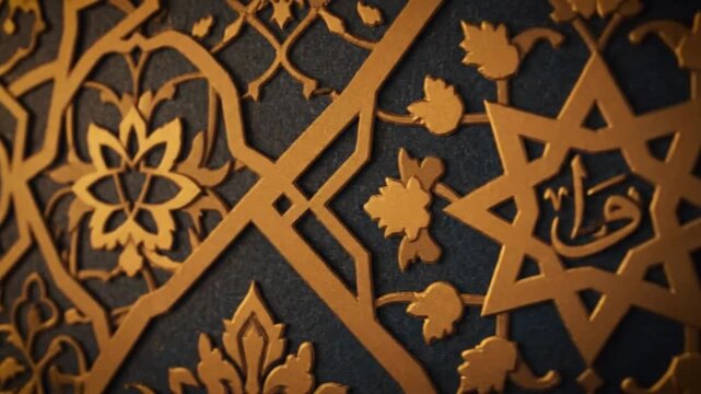 Intricate golden Islamic patterns and motifs with calligraphy and floral designs on a dark background viewed from a close-up perspective