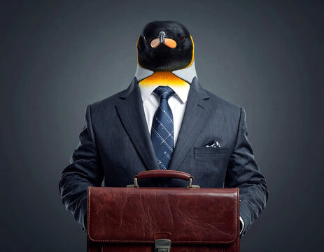 Confident penguin in business suit holding briefcase, formal attire and tie conveying ambition and humor