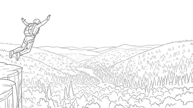skydiver jumping off cliff above forest landscape hand drawn line art adventure illustration