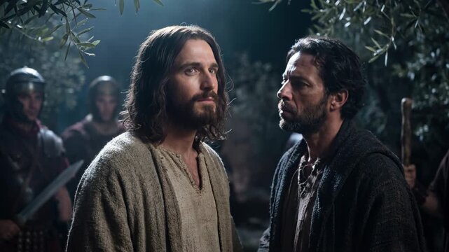 Betrayal of Jesus Christ by Judas in Gethsemane during arrest with men, religious concept