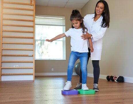 A pediatric physiatrist assists a child in maintaining balance on sensory stepping stones during a physical therapy session aimed at rehabilitation and improving developmental coordination.