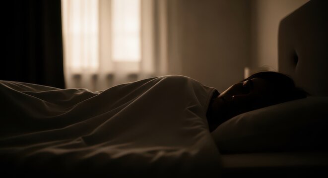 A women lies in bed with their head on a pillow, covered by a blanket, in a dark room with a window in the background.
