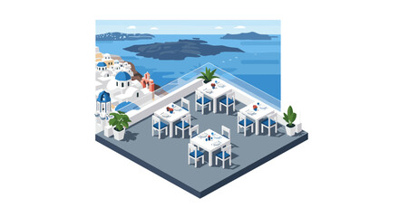 Obraz premium isometric outdoor restaurant terrace with white tables and blue chairs overlooking sea and greek island buildings in flat style
