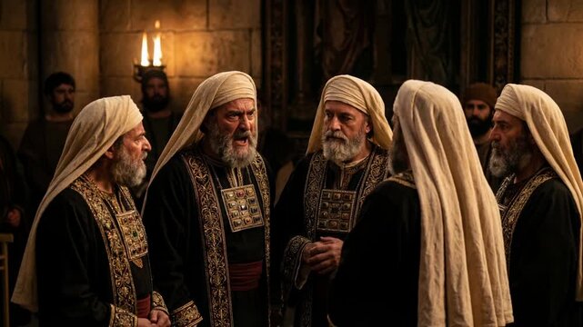 High priest tearing garment during intense discussion among religious men, a dramatic biblical judgment scene for christian education