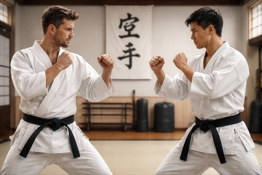 Two men practicing karate in fighting stance