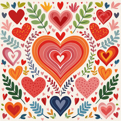 Obraz premium Vibrant heart illustrations with floral and leaf elements, perfect for Valentine's Day and romantic themes