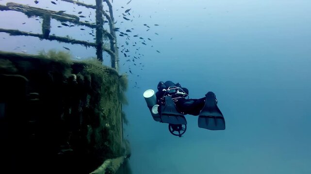 Technical scuba diver with underwater scooter explores the mossy metal deck and railings of a sunken shipwreck in the deep blue Mediterranean Sea of Malta Gozo during a sunny summer day dive trip