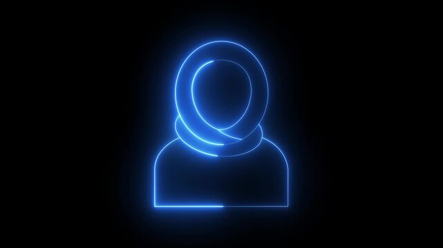 glowing neon Muslim woman icon isolated on black background. Woman wearing hijab icon. wearing hijab, Muslim woman symbol, headscarf silhouette, Islamic female icon. 4k video animation.