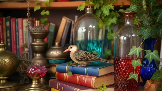 A decorative bird figurine rests on vintage books surrounded by an eclectic maximalist room display.