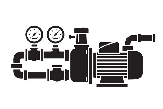 Industrial Water Pump Motor with Pressure Gauges Vector Black and White Icon