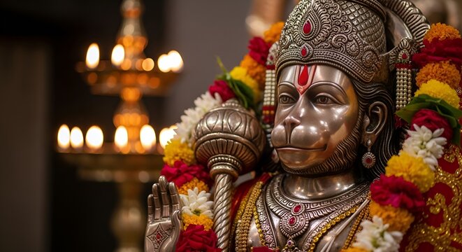 Hanuman Jayanti statue standing majestically with mace in hand, Ai generated images