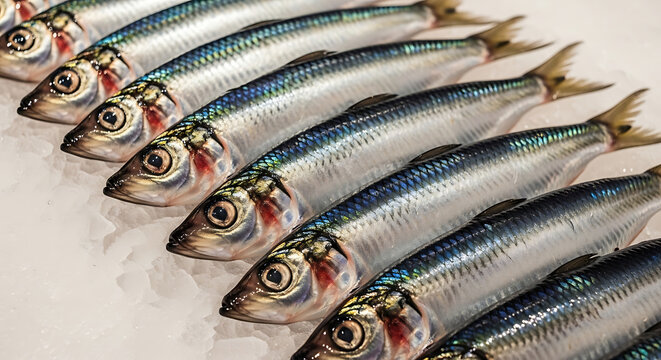 Fresh Raw Sardines on Ice at Fish Market, Close Up of Silver Oily Fish for Healthy Mediterranean Diet