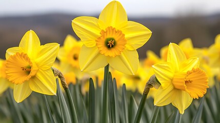 Obraz premium Vibrant yellow daffodils in a lush green field with blurred background symbolizing spring and renewal