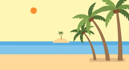 Obraz premium Tropical beach scene with palm trees in serene atmosphere with soft warm lighting on sandy texture for travel advertisement
