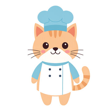 Cute chef cat clipart in pastel chef hat and coat, smiling cartoon animal chef with whisker blush, playful kitchen pun illustration