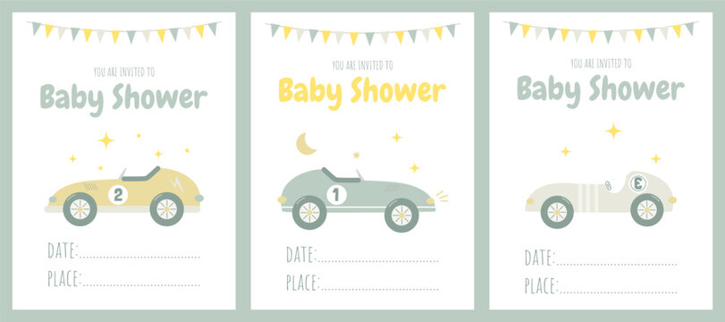 Set of invitations for a baby shower party with racing cars and garlands with flags