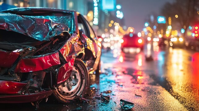 An accident on a wet night street with a wrecked car illustrates the danger of speeding, applicable to social campaigns on road safety.