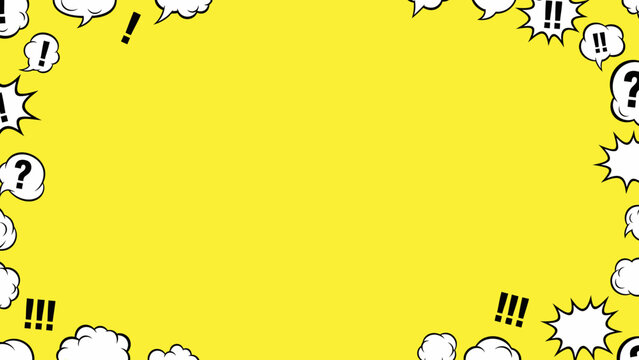 Vibrant yellow background featuring a dynamic pop art comic style frame, with speech bubbles, thought clouds, and punctuation, ideal for engaging graphic designs