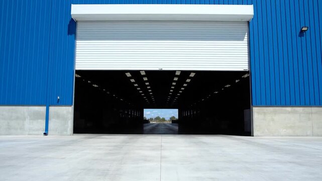 Partially open white rolling shutter door on blue corrugated industrial building exterior