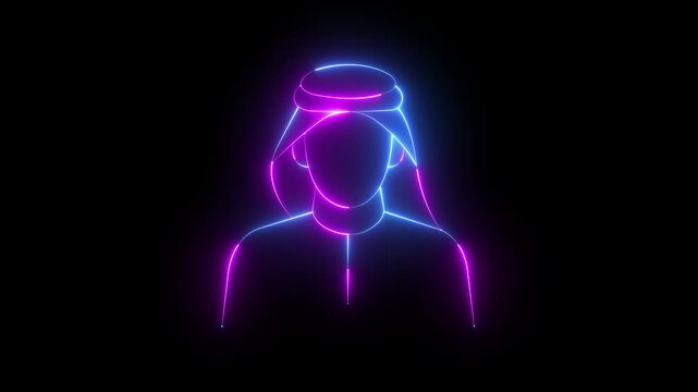 glowing neon Muslim man icon wearing a keffiyeh headgear. cultural diversity and modern simplicity symbol. Middle Eastern man icon wearing traditional keffiyeh headgear representing Arabic culture.