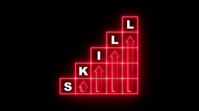 neon skills icon animation on cube. Upskilling and personal development concept. Build a career and skill grow. Make progress concept. Promotion at work. Set a goal to achieve. 4k video animation