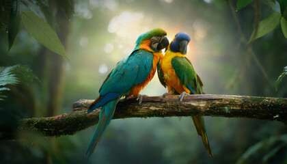 Obraz premium two colorful tropical birds sitting together on branch