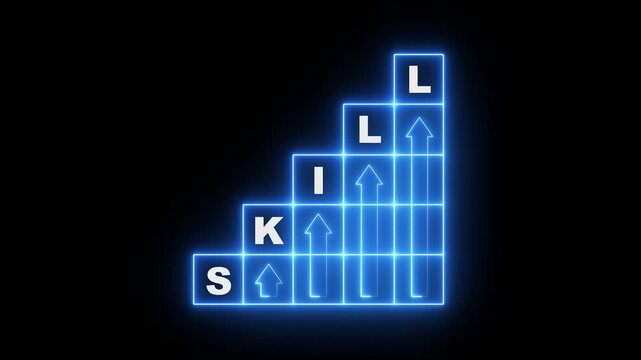 neon skills icon animation on cube. Upskilling and personal development concept. Build a career and skill grow. Make progress concept. Promotion at work. Set a goal to achieve. 4k video animation