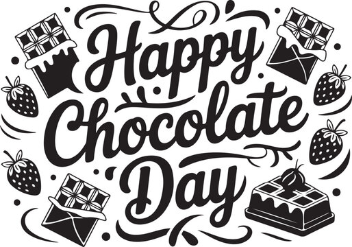 Happy chocolate day lettering with chocolate bars strawberries and waffle on transparent background