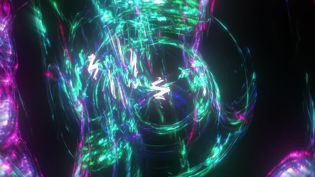 Vortex teal magenta cyan light tunnel with radial swirl motion combined with digital glitch distortion, visible chromatic aberration, color separation, particle breakup, noise grain, warped light