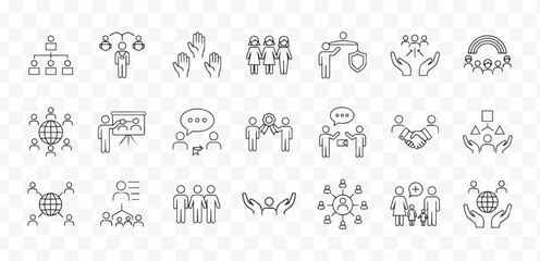 Modern People and Business Line Icons Set Teamwork, Community, HR, Management, Communication and Social Concepts