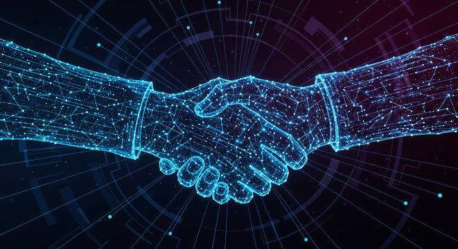 Handshake of two people in digital network