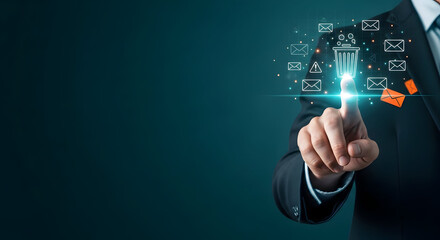 Obraz premium Businessman deleting emails with a digital trash can interface