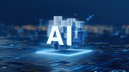 An abstract futuristic digital technology background features the text AI in blue and white with building block shapes floating in the air.