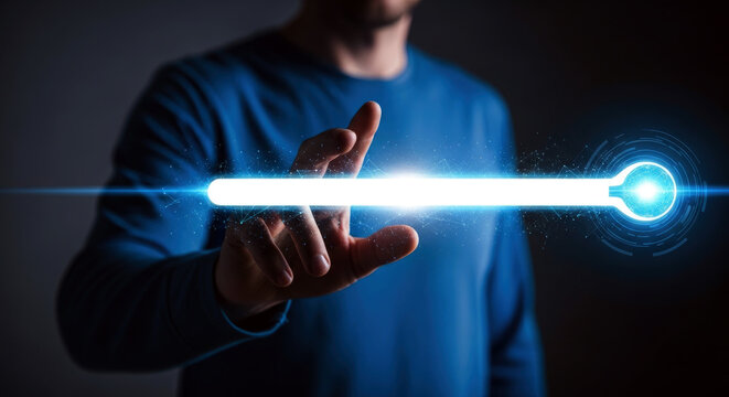 Man interacting with glowing blue light beam and keyhole