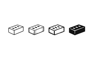 Minimal black-and-white set of four brick illustrations showing outline, sketch, pixelated, and solid styles on a clean white background