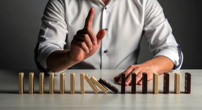 Man stopping a domino effect with his hand